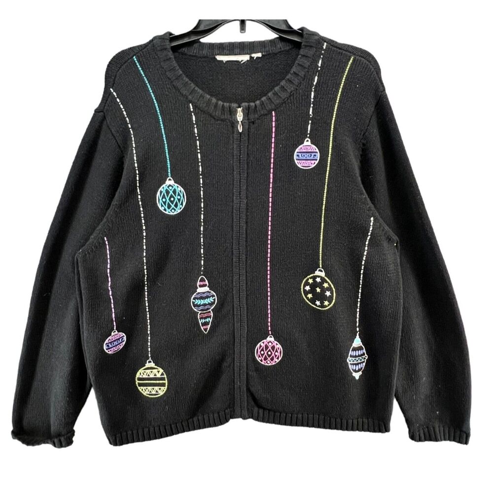 Croft & Barrow Cardigan Women L Black Embroider‎ Sequin Holiday Zip Ugly Sweater